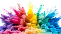 Vibrant explosion of colorful powder paint creating rainbow spectrum burst effect against white background, dynamic color splash with particles and dust for Holi festival.