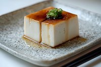 Silky smooth tofu block with glossy caramelized soy glaze and fresh green onion garnish on rustic ceramic plate for Asian cuisine and healthy dining concepts.