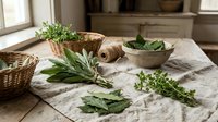 Fresh herbs arranged on rustic linen cloth with wicker baskets, twine, and ceramic bowl in cozy farmhouse kitchen setting.
