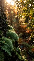 Moss covered tree trunk in autumn forest with golden sunlight filtering through colorful foliage creating warm bokeh background for nature photography.