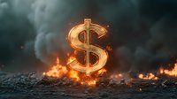 Burning dollar sign symbol on dark ground with flames and smoke, dramatic lighting creates powerful financial crisis or money concept visualization.