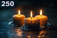 Three glowing beeswax candles burning with warm flames on dark textured background with water drops and bokeh lights creating atmospheric mood.