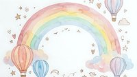 Watercolor rainbow with hot air balloons and clouds on white background. Pastel colors nursery art for children room decor and baby shower invitations.