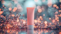 Pink cosmetic tube on reflective surface with coral and turquoise bokeh lights background, luxury skincare product photography with decorative branches.