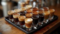 Multiple espresso shots and coffee drinks served in small glass cups on wooden tray, showcasing variety of coffee styles with layered effects and crema tops.
