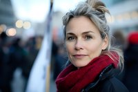 Middle-aged woman with gray hair in updo, wearing red scarf and black jacket, outdoor winter crowd setting, portrait for lifestyle and people concepts.