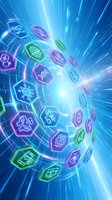 Digital technology hexagonal icons swirling in bright blue energy vortex with glowing light rays for futuristic tech presentations and innovation concepts.