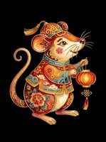 Decorative rat character wearing ornate red and gold traditional clothing with floral patterns, holding a red lantern, isolated on transparent background ready for t-shirts, stickers, clipart and print-on-demand designs.