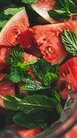 Fresh watermelon slices garnished with vibrant mint leaves create refreshing summer composition. Close up macro shot shows juicy red flesh and crisp green herbs.
