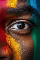 Close-up of brown eye with vibrant face paint in red, yellow, and green colors creating artistic makeup look. Drops of water add dramatic effect to dark skin texture.
