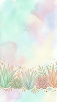 Pastel watercolor background with gold-outlined succulents and aloe plants, soft mint, pink and lavender tones, gold glitter accents for cards or posters.