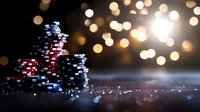 Stacked poker chips with red, white and blue colors against dark background with golden bokeh lights creating atmospheric casino gambling ambiance.