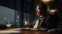 Middle-aged Caucasian businessman in suit working late at office desk with city lights visible through windows, professional corporate environment.