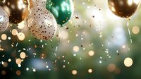 Festive balloons in gold, silver and emerald green colors floating with glitter confetti against blurred bokeh background for celebration and party design.