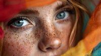 Close-up portrait of young Caucasian woman with freckles and blue eyes wearing colorful headscarf for beauty and fashion campaigns.