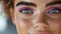Young woman with freckles wearing vibrant pink eyeshadow makeup looking directly at camera with natural beauty and confident expression for cosmetics advertising.