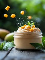 Creamy mango mousse dessert in glass jar with fresh fruit pieces floating above, mint leaves garnish, on rustic wooden surface against blurred green background.