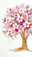 Watercolor painting of a flowering tree with pink, magenta, and white blossoms on brown trunk with green leaves, suitable for botanical art, spring decor, and nature-themed designs.