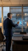 Mature Caucasian businessman in navy suit interacting with holographic legal justice scales interface in modern office overlooking city skyline at dusk.