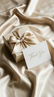 Elegant gift box with satin ribbon bow and thank you card on luxurious golden silk fabric, perfect for wedding or holiday greeting concepts.