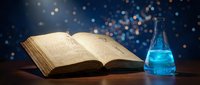 Open ancient book with glowing blue potion bottle on wooden table against magical bokeh background for fantasy storytelling and education concepts.