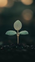 Young plant seedling with water drops growing from soil against dark background with bokeh lights. Fresh spring growth symbolizes new beginnings and hope.