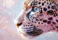 Mystical snow leopard with bright blue eyes and spotted fur pattern in profile view against snowy bokeh background with magical sparkles and pink ethereal glow.