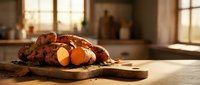 Roasted turkey with golden skin and vegetables on wooden board in warm kitchen setting perfect for Thanksgiving dinner preparation and holiday cooking content.