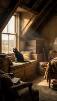 Black cat sitting on wooden window seat in rustic attic room with vintage furniture, warm sunlight streaming through glass window, nostalgic interior design.