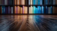 Dark wooden table surface with natural grain pattern in foreground and blurred bookshelf with colorful books in background creating cozy library atmosphere.