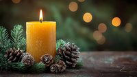 Glowing yellow candle with pine cones and evergreen branches on rustic wooden surface against dark background with golden bokeh lights. Festive winter holiday mood.