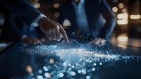 Businessman touching futuristic digital interface with glowing network connections on dark table in corporate meeting room.
