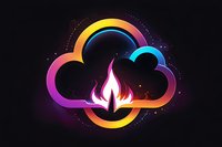 Glowing cloud shape with flame symbol in neon gradient colors on dark background, modern tech logo design for cloud storage and hosting services.