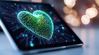Digital heart visualization on tablet screen with glowing turquoise particles and bokeh lights in background, representing healthcare technology and medical innovation.