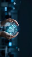 Businessman hands protecting glowing digital factory industry icons with futuristic holographic technology interface for manufacturing innovation concepts.
