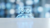 Laptop displaying digital security lock and globe hologram with blue bokeh background, representing cybersecurity, data protection, and network safety for technology concepts.