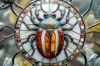 Decorative stained glass beetle artwork with intricate details in orange, blue and red tones, set in circular metal frame with jewel-like embellishments. Artistic garden decor.