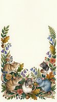 Adorable woodland animals including mice and rats surrounded by autumn flowers and foliage creating decorative border frame on cream background.