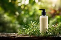 Natural organic cosmetic bottle with pump dispenser surrounded by fresh green herbs on wooden surface with bokeh garden background for skincare products.