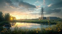 Dramatic sunset over industrial landscape with power lines and wildflowers reflecting in calm water. Atmospheric evening scene combines nature and infrastructure elements.