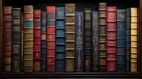 Collection of vintage leather-bound books with ornate gold embossing and decorative spines arranged on wooden shelf, featuring red, blue, and brown tones.