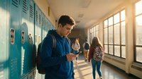 Young male student using smartphone in school hallway with lockers and backpack during break time with warm sunlight streaming through windows.