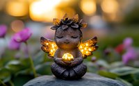 Glowing garden angel figurine with illuminated wings sits peacefully among pink flowers at dusk, creating magical atmosphere in outdoor space.