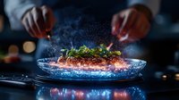 Dramatic food plating moment with chef's hands seasoning fresh salmon fillet on dark plate, captured with motion freeze effect and moody lighting for restaurant menu.