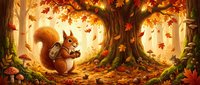 Cute squirrel gathering acorns under autumn tree with falling leaves in magical forest setting for seasonal designs and children's illustrations.