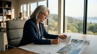 Senior businesswoman architect reviewing construction blueprints and plans at modern office desk with large windows overlooking landscape scenery.