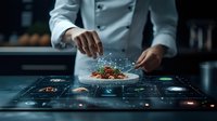 Professional chef in white uniform seasons dish with spices, creating magical sparkle effect in dark kitchen with modern holographic interface.
