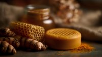 Golden turmeric soap bar with fresh turmeric root, honeycomb and honey jar on rustic wooden surface for natural skincare and wellness products.