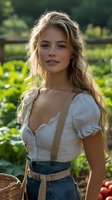 Young Caucasian woman in rustic farm attire with white peasant blouse and denim overalls smiling in garden setting during golden hour sunlight, natural makeup and wavy blonde hair.