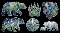 Watercolor bear illustrations set featuring adult and cub bears with paw prints and compass rose, isolated on transparent background. Ready for t-shirt designs, clipart, stickers, sublimation and print-on-demand products.